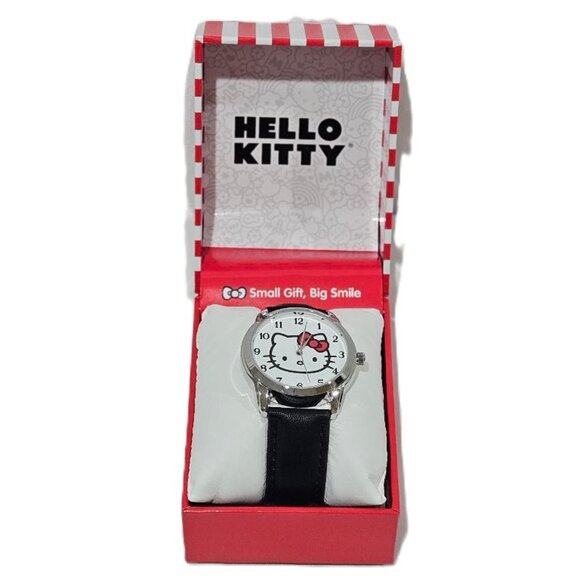 New HELLO KITTY BLACK LEATHER STRAP RED BOW WRIST WATCH    50TH ANNIVERSARY - Picture 1 of 6
